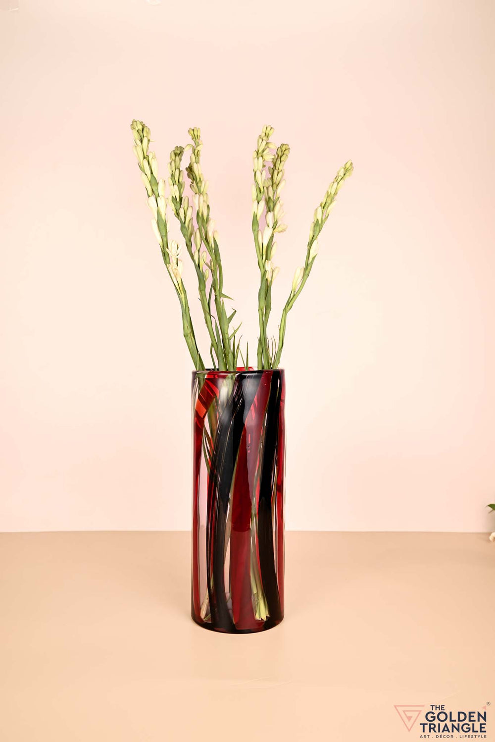 Stripe Swirl Cylindrical Glass Vase - Red & Black