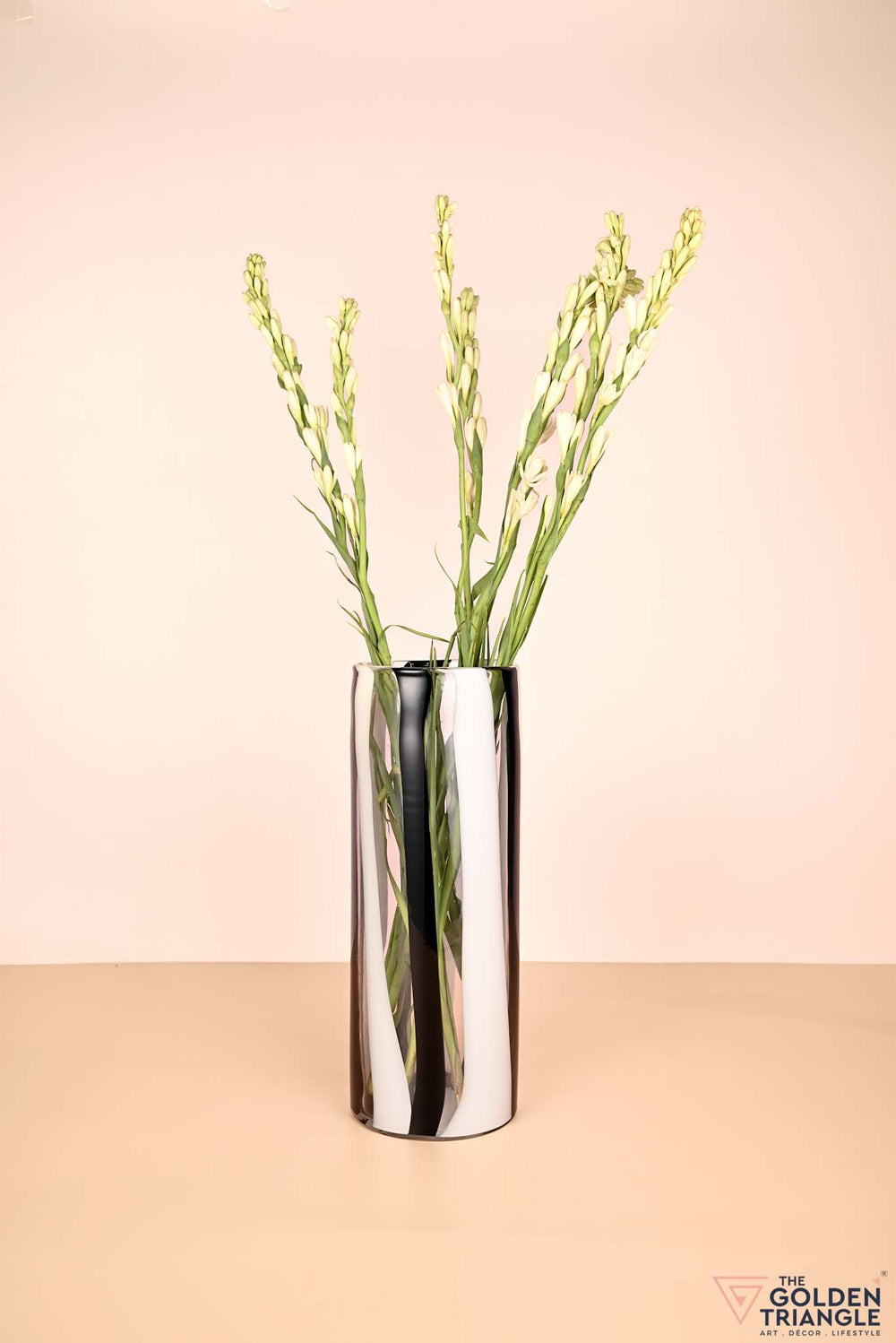 Stripe Swirl Cylindrical Glass Vase - White & Black