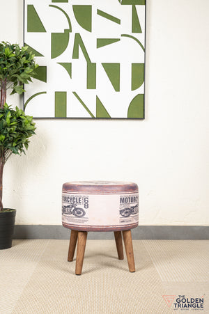 Retro Pouffe with Wooden Legs - Brown Motorcycle