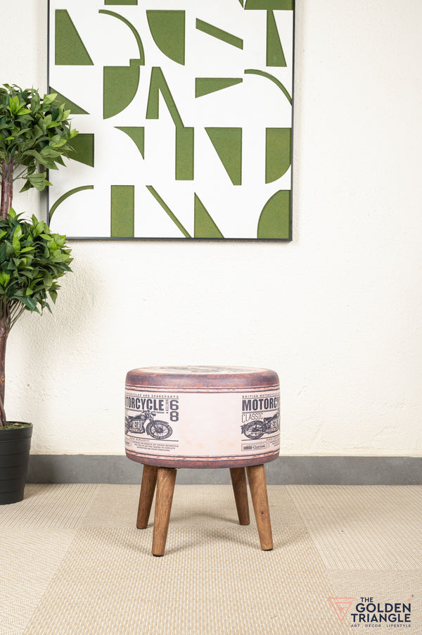 Retro Pouffe with Wooden Legs - Brown Motorcycle