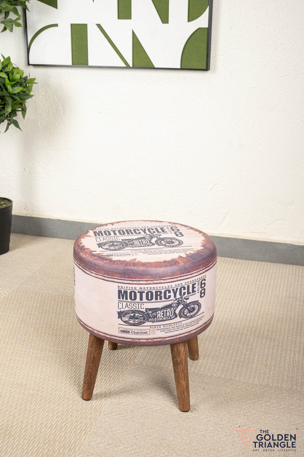 Retro Pouffe with Wooden Legs - Brown Motorcycle