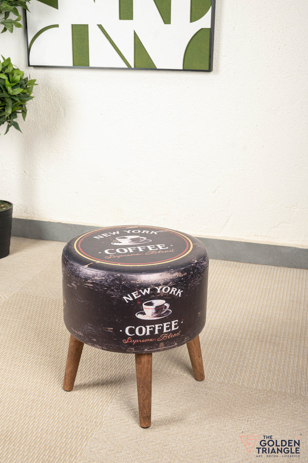 Retro Pouffe with Wooden Legs - New York Coffee