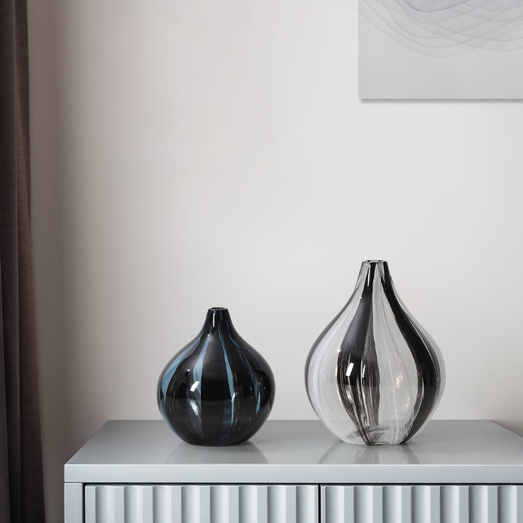 Short Stripe Swirl Glass Vase - Smoke, Black & Blue