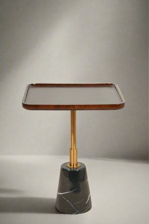 a marble side table with wooden top