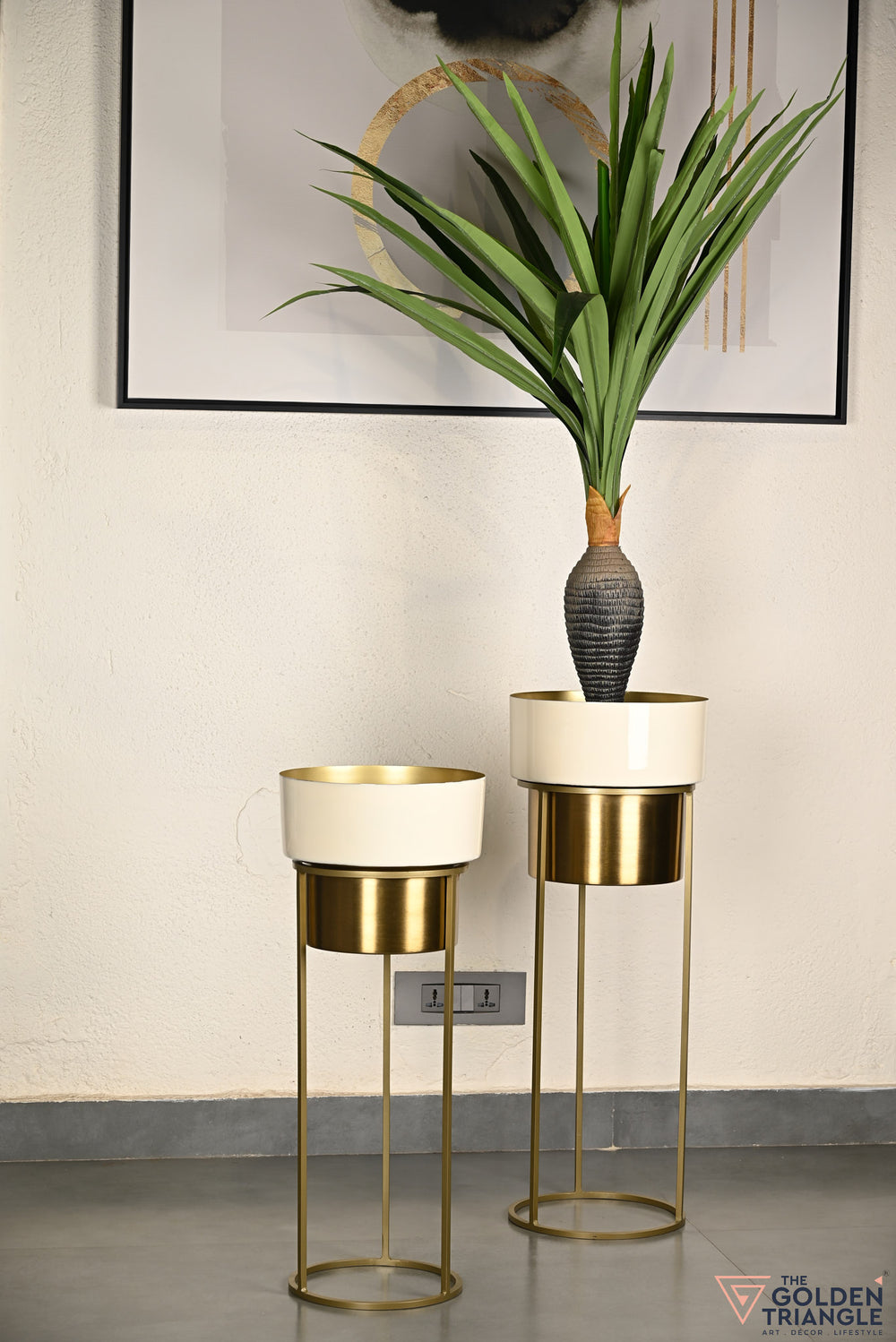 Arzola Enameled Metal Planter - Beige & Gold