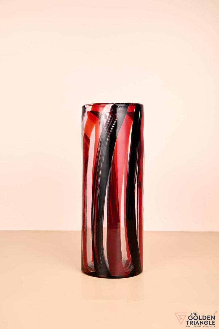 Stripe Swirl Cylindrical Glass Vase - Red & Black