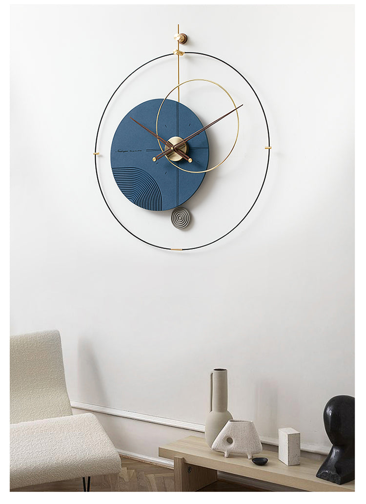 Modern Blue Wall Clock with wooden hands for living room