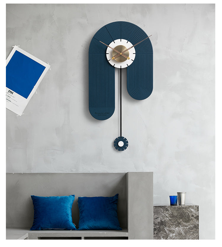 Blue contemporary wall clock with pendulum for living room