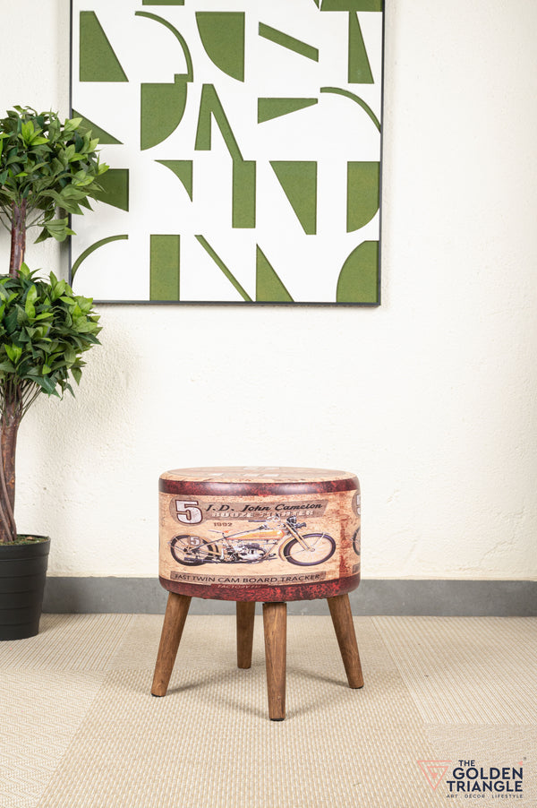 Retro Pouffe with Wooden Legs - Motorcycle