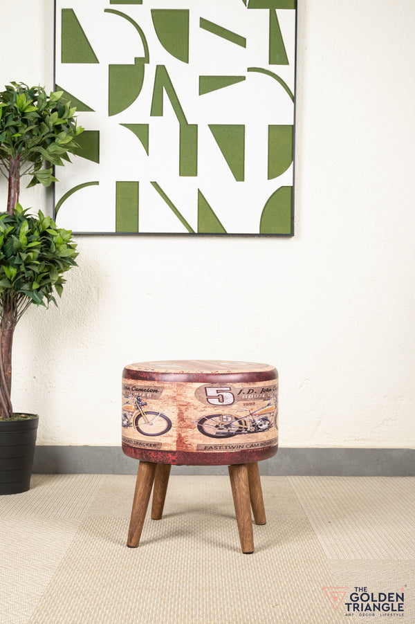 Retro Pouffe with Wooden Legs - Motorcycle