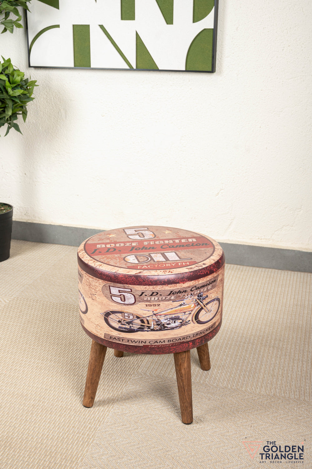 Retro Pouffe with Wooden Legs - Motorcycle