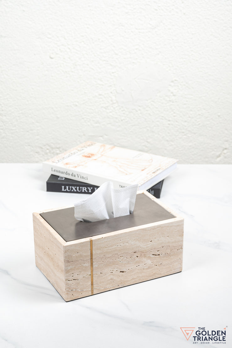 Florence Travertine Tissue Box - Beige & Gun Metal