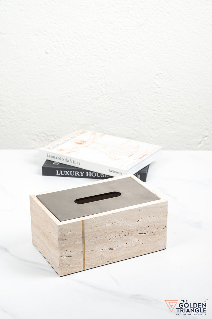 Florence Travertine Tissue Box - Beige & Gun Metal