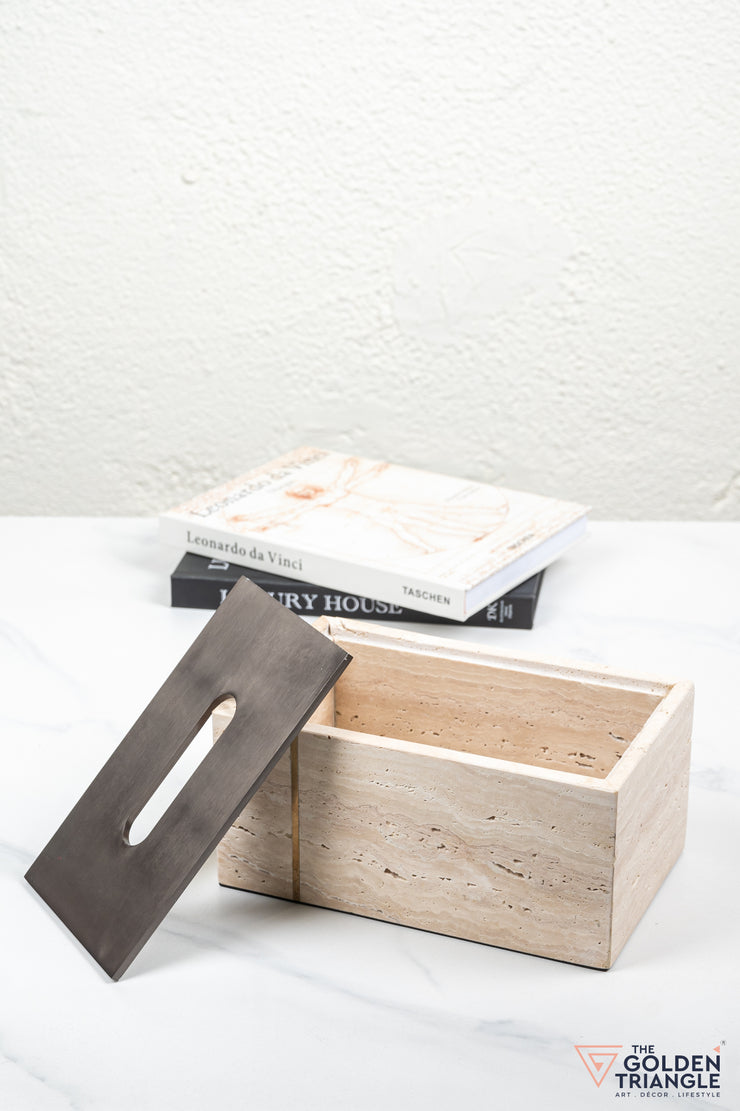 Florence Travertine Tissue Box - Beige & Gun Metal