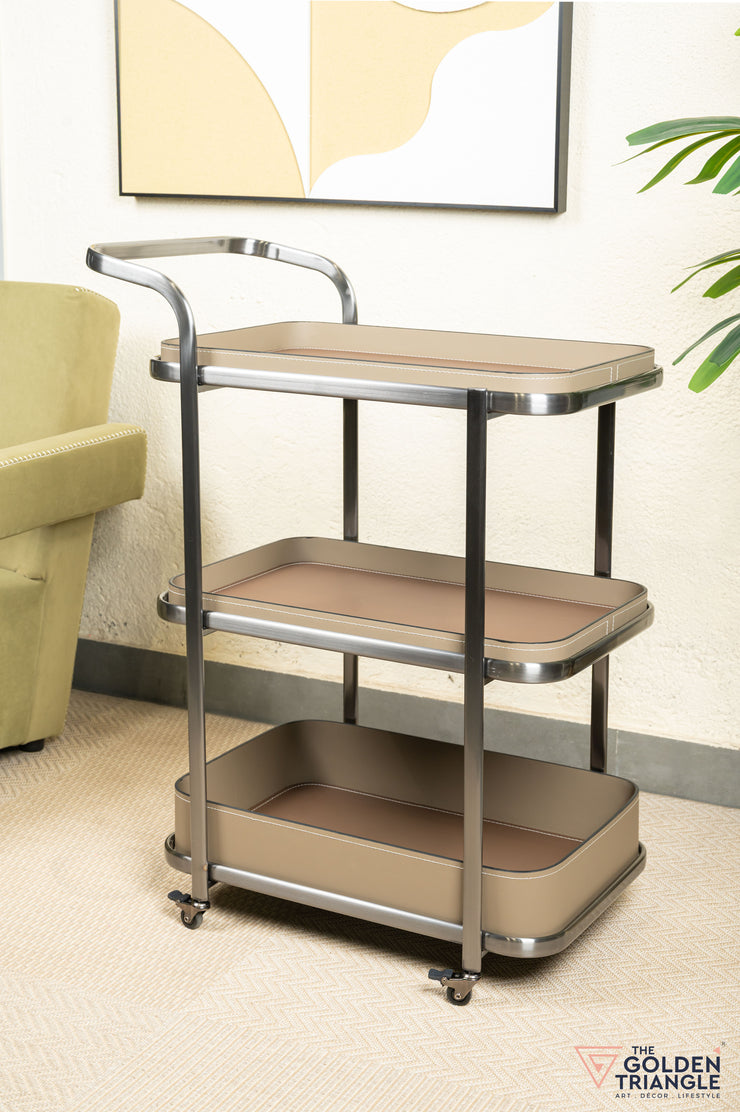 Jade Faux Leather Tray Trolley - Greige & Brown