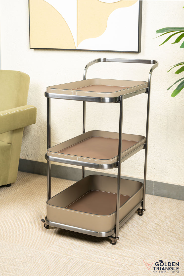 Jade Faux Leather Tray Trolley - Greige & Brown