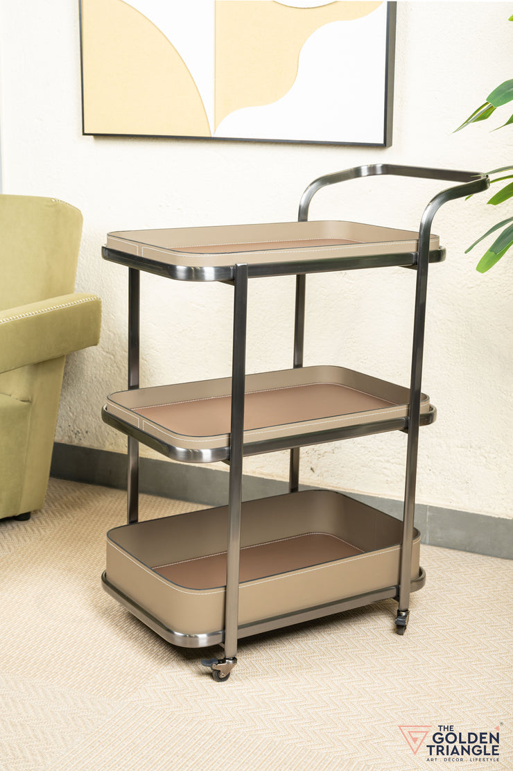 Jade Faux Leather Tray Trolley - Greige & Brown