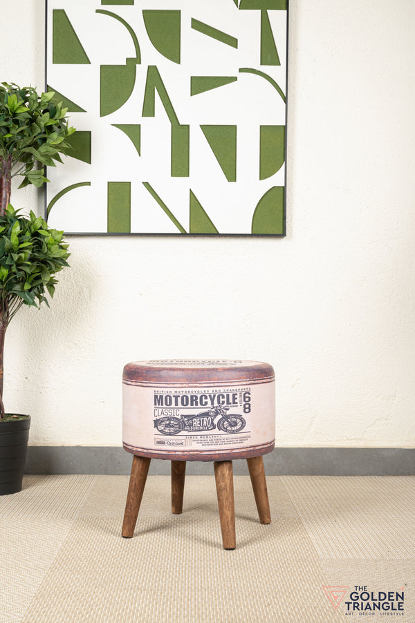 Retro Pouffe with Wooden Legs - Brown Motorcycle