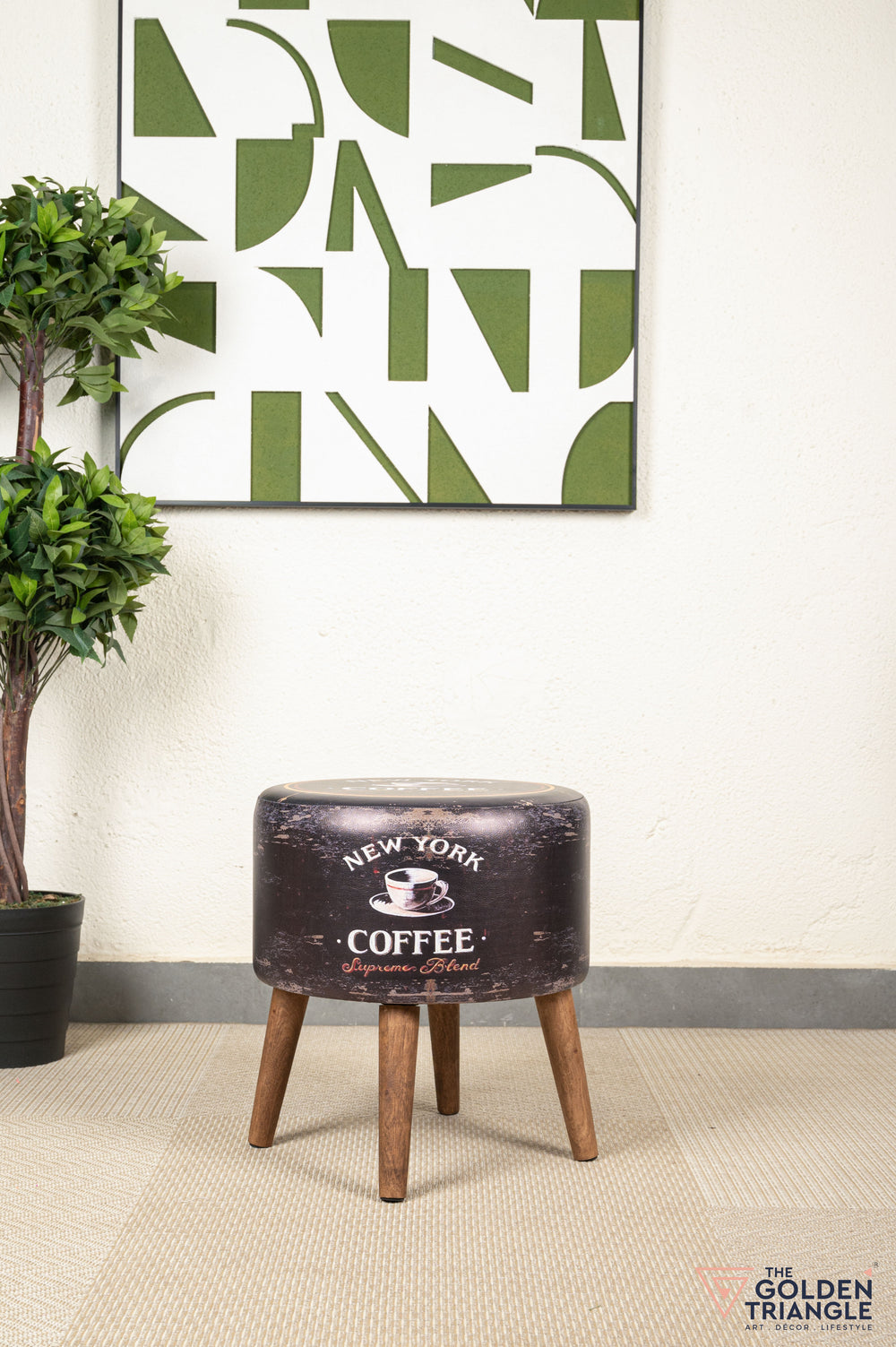 Retro Pouffe with Wooden Legs - New York Coffee