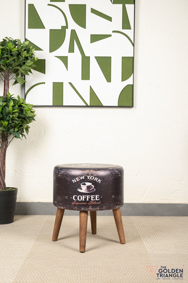 Retro Pouffe with Wooden Legs - New York Coffee