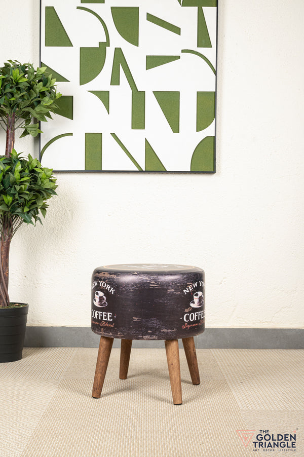 Retro Pouffe with Wooden Legs - New York Coffee