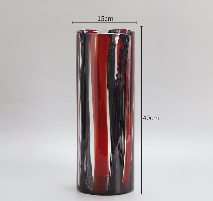 Stripe Swirl Cylindrical Glass Vase - Red & Black