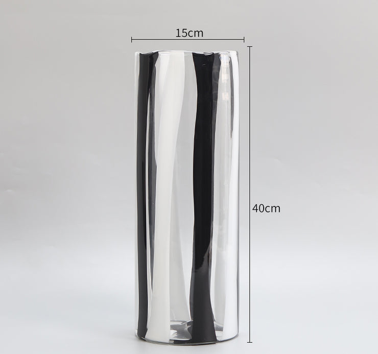 Stripe Swirl Cylindrical Glass Vase - White & Black