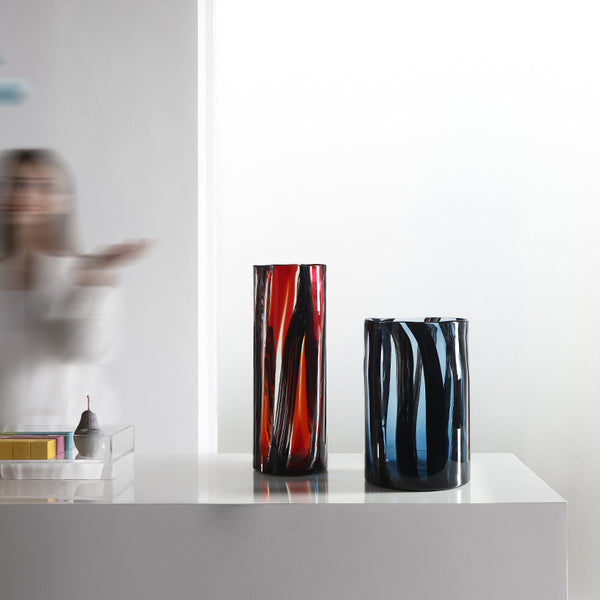 Stripe Swirl Cylindrical Glass Vase - Red & Black